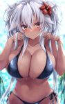  1girl absurdres beach bikini black_bikini black_swimsuit blush breasts brown_eyes closed_mouth dark-skinned_female dark_skin flower grey_hair hibiscus highres horizon huge_breasts jewelry kantai_collection leaf looking_at_viewer mashiro_yukiya musashi_(kancolle) musashi_kai_ni_(kancolle) palm_tree ring side-tie_bikini swimsuit tree wedding_band 