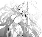  1girl azur_lane azur_lane:_slow_ahead bare_shoulders breasts brest_(azur_lane) greyscale hands_up hori_(hori_no_su) large_breasts monochrome navel official_art open_clothes pointy_ears ribbon smile 