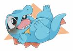  blue_body blush claws doneru fangs generation_2_pokemon hi_res lying nintendo on_back pok&eacute;mon pokemon_(species) simple_background slightly_chubby smile solo spines totodile video_games 