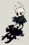  1other black_cape cape copyright_name grey_background holding holding_sword holding_weapon hollow_eyes hollow_knight horns knight_(hollow_knight) pigeon666 simple_background solo sword weapon 