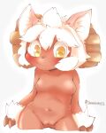  anthro blush bovid breasts caprine clitoris curled_horn domestic_sheep doneru english_text female genitals hair hi_res hooves horn looking_at_viewer mammal navel nipples nude pussy red_body sheep simple_background smile solo text white_background white_hair 
