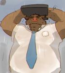  2022 anthro belly big_belly brown_body brown_fur clothing eyes_closed fur hi_res kemono kisukemk777 male mammal necktie outside overweight overweight_male raining shirt solo suid suina sus_(pig) topwear wild_boar 