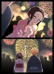  1boy 1girl absurdres agatsuma_zenitsu blonde_hair blush brown_hair closed_mouth fireworks forehead hair_ornament hair_ribbon highres japanese_clothes kamado_nezuko kimetsu_no_yaiba kimono multicolored_hair pink_eyes pink_kimono pink_ribbon pori_(kmt_pori) ribbon short_hair translation_request yukata 