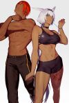  1boy 1girl abs animal_ears ashwatthama_(fate) blue_eyes breasts caenis_(fate) choker dark_skin fate/grand_order fate_(series) highres large_breasts long_hair looking_at_viewer navel red_hair semi_(p-poco) shorts sports_bra very_long_hair yellow_eyes 