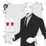  1boy black_necktie black_suit butler cup drinking_glass facial_hair formal grey_background grey_hair hair_over_one_eye holding holding_tray looking_at_viewer male_focus miruku_kintoki mustache necktie old old_man rob_(shinigami_bocchan_to_kuro_maid) shinigami_bocchan_to_kuro_maid short_hair simple_background solo standing suit towel tray upper_body wine_glass yellow_eyes 