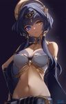  1girl bangs bare_shoulders black_hairband blue_gemstone blue_hair breasts bright_pupils brooch candace_(genshin_impact) choker cleavage crop_top dark-skinned_female dark_skin detached_sleeves egyptian_clothes eye_of_horus gem genshin_impact gold_choker gold_trim gradient gradient_background groin hair_intakes hair_ornament hair_over_shoulder hair_tubes hairband hand_on_hip heterochromia highres jewelry looking_at_viewer medium_breasts navel purple_background purple_eyes short_hair_with_long_locks sidelocks signature solo starry_background stomach twintails tyenka7728 white_pupils yellow_eyes 