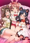  3girls animal_costume animal_ears animal_hands bear_costume blue_eyes blue_shorts bow bowtie breasts brown_hair cleavage dress fake_animal_ears fake_tail gloves grey_eyes hair_bun highres large_breasts long_hair looking_at_viewer love_live! love_live!_nijigasaki_high_school_idol_club lying multiple_girls on_side one_side_up open_mouth ousaka_shizuku paw_gloves paw_pose rabbit_costume red_hair red_shorts shiro_(nitto) shirt short_hair shorts sitting sleeveless sleeveless_shirt smile socks striped striped_socks tail uehara_ayumu white_dress yellow_eyes yuuki_setsuna_(love_live!) 