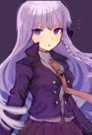  1girl 8kai_(8_floor3) :o bangs black_ribbon braid brown_necktie collared_shirt danganronpa:_trigger_happy_havoc danganronpa_(series) grey_shirt hair_ribbon highres jacket kirigiri_kyouko long_hair long_sleeves necktie notice_lines open_clothes open_jacket open_mouth pleated_skirt purple_background purple_eyes purple_hair purple_jacket purple_skirt ribbon shiny shiny_hair shirt side_braid skirt solo 