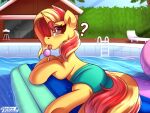  blonde_hair blue_eyes blush candy clothing dessert equestria_girls equid equine female food hair hi_res horn lollipop looking_at_viewer mammal my_little_pony pool_float question_mark red_hair shadowreindeer sunset_shimmer_(eg) swimming_pool swimwear unicorn water 