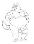  2022 anthro balls belly big_belly bravo canid canine canis erection eyewear genitals glasses hi_res humanoid_hands male mammal mature_male monochrome moobs navel nipples overweight overweight_male penis simple_background sketch solo wolf 