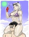  1boy 1girl abs absurdres beach black_hair black_horns demon_horns eyewear_on_head gloves helltaker helltaker_(character) highres horns justice_(helltaker) muscular muscular_female red_gloves round_eyewear sitting_on_shoulder sunglasses swimsuit troymaheza white_hair 