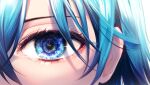  1girl 58_(opal_00_58) bangs blue_hair camera close-up commentary eye_reflection eyelashes glowing glowing_hair hair_between_eyes highres light looking_at_viewer medium_hair reflection solo vivy vivy:_fluorite_eye&#039;s_song 