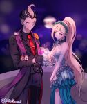  1boy 1girl absurdres animal_on_shoulder bangs black_hair black_jacket black_pants blonde_hair blurry blurry_background breasts cham-p cleavage cup danganronpa_(series) danganronpa_10th_anniversary_costume danganronpa_2:_goodbye_despair dress drinking_glass dudeoji_(dotheg_ansoni) grey_eyes grey_hair hamster heterochromia highres holding holding_cup jacket jum-p long_hair maga-g medium_breasts moon multicolored_hair necktie night official_alternate_costume outdoors pants parted_lips ponytail red_eyes red_necktie scarf short_hair sonia_nevermind striped striped_jacket sun-d tanaka_gandamu teeth tie_clip wine_glass 