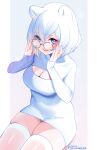  1girl absurdres animal_ear_fluff animal_ears blush breasts cleavage glasses grey-framed_eyewear hair_ornament highres meme_attire original panties panty_peek round_eyewear smile solo thick_thighs thighhighs thighs tofuubear underwear virgin_killer_sweater zettai_ryouiki 