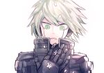  1boy ahoge android cherry_blossoms commentary_request danganronpa_(series) danganronpa_v3:_killing_harmony green_eyes grey_hair keebo kyo722 looking_down male_focus petals power_armor short_hair simple_background solo upper_body white_background 