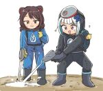  2girls animal_ears backpack bag bird black_footwear black_jumpsuit blue_gloves blue_hair blue_jumpsuit boots brown_eyes brown_hair dog_ears dog_girl gloves heterochromia holding inui_toko jumpsuit lize_helesta multicolored_hair multiple_girls nijisanji powerwash_simulator red_eyes sebastian_piyodore smile standing streaked_hair tsubobot v-shaped_eyebrows virtual_youtuber water yellow_gloves 