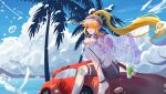  1girl absurdres bangs black_choker black_shorts blonde_hair car chinese_commentary choker cloud earrings floating_hair ground_vehicle highres inaho_exvs jacket jewelry motor_vehicle mountainous_horizon nijisanji nox_(vtuber) nox_official open_mouth ponytail red_eyes second-party_source see-through see-through_jacket shorts sitting sky smile solo virtual_youtuber virtuareal visor_cap water 