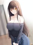  1girl artist_name bangs bare_shoulders black_shirt blush breasts brown_hair cleavage collarbone commentary commission cowboy_shot denim highres indoors jeans keenh kotegawa_yui large_breasts long_hair long_sleeves looking_at_viewer off-shoulder_shirt off_shoulder own_hands_together pants shirt sidelocks signature solo standing to_love-ru v_arms very_long_hair yellow_eyes 