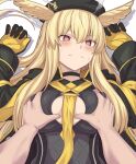  1girl bangs blonde_hair breast_grab breasts fate/grand_order fate_(series) grabbing head_wings large_breasts long_hair looking_at_viewer lying on_back red_eyes shiseki_hirame sidelocks solo_focus thrud_(fate) thrud_(swimsuit_assassin)_(fate) valkyrie_(fate) 