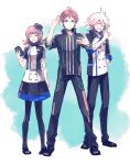  1girl 2boys :d ahoge alternate_hair_ornament black_footwear black_jacket black_pants black_pantyhose black_shirt black_skirt blue_jacket blue_skirt brown_eyes brown_hair closed_eyes copyright_request danganronpa_(series) danganronpa_2:_goodbye_despair full_body green_background grey_background grey_hair grey_shirt grey_skirt happy hinata_hajime index_finger_raised jacket komaeda_nagito kyo722 medium_hair messy_hair multicolored_clothes multicolored_jacket multicolored_shirt multicolored_skirt multiple_boys nanami_chiaki open_mouth pants pantyhose serious shirt shoes skirt smile standing triangle_hair_ornament white_jacket 