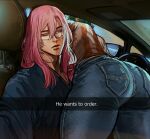  2boys ass car_interior cherry_blossom_(sk8) closed_mouth english_text glasses green_hair he_wants_to_order_(meme) highres joe_(sk8) long_hair looking_at_viewer lying_on_person male_focus meme multiple_boys orange_shirt pants pink_hair selfie shirt short_hair sk8_the_infinity thick_thighs thighs tight tight_pants two-tone_shirt umikochannart white_shirt 