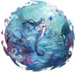  1girl ao_la_xing blue_hair chinese_commentary commentary_request fins fish full_body head_fins highres jellyfish long_hair looking_at_viewer mermaid monster_girl navel red_eyes scales smile solo transparent_background underwater zuo600 