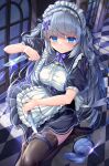  1girl blue_eyes clock grey_hair highres knife long_hair maid original solo umitonakai weapon 