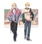  2boys akira_(ying) animal_on_shoulder black_collar black_footwear black_pants blonde_hair blue_jacket bow brown_eyes brown_sweater chinese_clothes collar denim dog_tags genderswap genderswap_(ftm) glasses gradient gradient_jacket green_eyes hair_behind_ear jacket jeans looking_at_viewer male_focus mole mole_under_eye multiple_boys nijisanji nox_(vtuber) nox_official one_eye_closed pants pink_jacket red_bow shoes smile sneakers sparkle_hair_ornament sweater v-shaped_eyebrows virtual_youtuber virtuareal yukie_(virtuareal) 