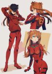  1girl absurdres animal_hat bangs blue_eyes bodysuit breasts cat_hat commentary_request evangelion:_3.0_you_can_(not)_redo eyepatch full_body hair_ornament hajikkoneko hat highres jacket long_hair looking_at_viewer medium_breasts multiple_views neon_genesis_evangelion orange_hair pilot_suit plugsuit rebuild_of_evangelion red_bodysuit solo souryuu_asuka_langley standing 