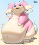  ambiguous_gender audino belly belly_expansion blue_eyes bodily_fluids expansion generation_5_pokemon hi_res humanoid japanese_text motion_lines nintendo oruka0827 overweight pok&eacute;mon pokemon_(species) solo sweat tail_tuft text tuft video_games 