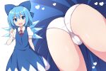  1girl ass bangs blue_bow blue_dress blue_eyes blue_hair blush bow bowtie breasts cirno collared_shirt commentary_request dress eyes_visible_through_hair hair_between_eyes hand_up heart ice ice_wings looking_to_the_side open_mouth panties puffy_short_sleeves puffy_sleeves pussy red_bow red_bowtie rizento shirt short_hair short_sleeves simple_background small_breasts smile solo standing touhou underwear white_background white_panties white_shirt wings 