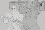  2022 anthro balls belly ben_(zenless_zone_zero) big_belly clothing duo erection eruprior genitals hat headgear headwear humanoid_hands male mammal moobs muscular muscular_male nipples overweight overweight_male penis scar ursid weapon zenless_zone_zero 