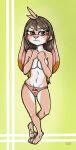  3_toes 4_fingers anthro bad_guy_cafe blush brown_eyes brown_hair clothed clothing feet female fingers fur hair hi_res lagomorph leporid mammal ocerydia_zoona panties pink_body pink_fur rabbit solo tan_body tan_fur toes topless underwear ziegelzeig 