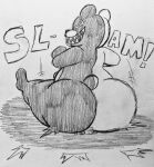  animate_inanimate big_butt biscuit_(bizkit) black_nose butt butt_crush danganronpa fauxtellno1 hi_res huge_butt living_plushie male male/male mammal monochrome monokuma mouse murid murine plushie rodent round_ears sharp_teeth smile sound_effects teeth text ursid ursine 