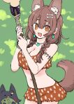  1girl :3 :d animal_ears animalization bikini blush braid breasts brown_hair cleavage cowboy_shot dog_ears dog_tail fangs green_background hair_ornament hairclip highres holding holding_staff hololive inugami_korone long_hair looking_at_viewer ookami_mio orange_bikini orange_eyes sabaku_chitai sketch smile solo staff swimsuit tail twin_braids 