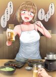  ! ... 1girl alcohol bare_shoulders beer blue_eyes blush bob_cut bowl breasts brown_background commentary_request cup eating facing_viewer food gradient gradient_background head_tilt highres holding holding_food kumaneko light_brown_hair looking_down medium_breasts medium_hair mug open_mouth original out_of_frame sanpaku skewer sleeveless speech_bubble spoken_ellipsis spoken_exclamation_mark spoon sweat table translation_request upper_body 