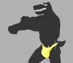  2022 abs alphabet_(mike_salcedo) anthro big_bulge big_muscles bulge clothing f_(mike_salcedo) grandall_(artist) grey_background looking_at_viewer male muscular muscular_anthro muscular_male narrowed_eyes open_mouth pecs scalie sharp_teeth simple_background solo sparkles standing teeth thong underwear 
