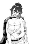  absurdres belt breasts chest_sarashi cleavage delinquent glasses highres indie_virtual_youtuber kson large_breasts monochrome multicolored_hair nujima piercing sarashi sukeban tongue tongue_out tongue_piercing two-tone_coat two-tone_hair virtual_youtuber vshojo white_background 