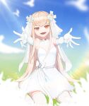  1girl absurdres bare_shoulders blonde_hair bridal_veil commission dress elbow_gloves eyewear_removed girls&#039;_frontline gloves highres kneeling long_hair open_mouth orange_eyes outstretched_arms psyduck811 short_dress sidelocks smile solo thighhighs type_80_(girls&#039;_frontline) veil very_long_hair wedding_dress 