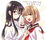  2girls ;d bangs black-framed_eyewear black_hair blush breasts brown_eyes brown_sailor_collar closed_mouth collared_shirt commentary_request glasses hand_up happy himawari-san himawari-san_(character) kazamatsuri_matsuri light_brown_hair long_hair long_sleeves looking_at_viewer multiple_girls musical_note neckerchief one_eye_closed open_mouth purple_eyes red_neckerchief sailor_collar school_uniform serafuku shirt short_hair simple_background smile sugano_manami translation_request upper_body v white_shirt 