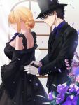  1boy 1girl alice_lendrott bags_under_eyes black_dress black_hair black_headwear black_necktie black_suit blonde_hair bocchan_(shinigami_bocchan_to_kuro_maid) braid braided_bun dress flower formal gloves hair_between_eyes hair_bun hat hetero highres indoors necktie peach_luo petals profile shinigami_bocchan_to_kuro_maid short_hair single_hair_bun standing suit top_hat tying white_gloves wide_sleeves window 