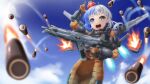  1girl apex_legends armor assault_rifle blue_eyes blue_hair bodysuit breastplate commission cosplay crown finger_gun gloves grey_eyes gun hayaoki_(asagi-iro_seishun-bu) heterochromia highres holding holding_gun holding_weapon indie_virtual_youtuber jetpack missile missile_pod multicolored_hair nanashi_aimi open_mouth orange_bodysuit orange_gloves pixiv_request r-301_carbine rifle sky smile solo split-color_hair trigger_discipline twintails two-tone_hair valkyrie_(apex_legends) valkyrie_(apex_legends)_(cosplay) virtual_youtuber weapon white_hair 