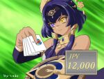  1girl apple_inc. bangs bare_shoulders blue_eyes blue_hair breasts candace_(genshin_impact) card dark-skinned_female dark_skin detached_sleeves duel_disk egyptian_clothes genshin_impact hair_between_eyes hair_ornament heterochromia holding holding_card jewelry medium_breasts meme parody purple_hair short_hair_with_long_locks shumali18 sidelocks simple_background solo standing yellow_eyes yu-gi-oh! 