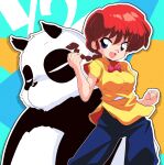 1girl blue_background blue_eyes blue_pants bow breasts father_and_son highres multicolored_background open_mouth orange_background orange_shirt panda pants ranma-chan ranma_1/2 red_bow red_hair sakurajyousui_nami saotome_genma saotome_genma_(panda) saotome_ranma shirt size_difference 