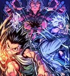  1girl 3boys black_hair blue_eyes cat_girl character_request child commentary fantasy glowing gon_freecss highres hunter_x_hunter incoming_attack killua_zoldyck long_hair looking_at_viewer lydart_mclo male_child messy_hair multiple_boys muscular muscular_child nail shirt shoes short_hair shorts smile spiked_hair t-shirt tank_top tattoo white_hair white_shirt 
