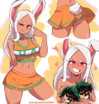  1girl animal_ears arm_behind_back ass bare_shoulders boku_no_hero_academia breasts censored character_censor cheerleader choker closed_mouth collarbone commentary cropped_legs dark-skinned_female dark_skin dashi from_behind grin hand_up heart highres long_hair looking_at_viewer midoriya_izuku mirko multiple_views naughty_face navel novelty_censor one_eye_closed orange_skirt patreon_username rabbit_ears rabbit_tail red_eyes skirt smile sweat tail thighs topless u.a._cheerleader_uniform upper_body web_address white_hair 