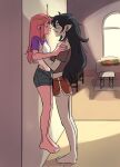  2girls adventure_time against_wall black_hair blush closed_mouth clothes_lift colored_skin eye_contact feet height_difference highres imsteli lauren_phillips_lifting_alice_merchesi_(meme) long_hair looking_at_another marceline_abadeer medium_hair meme multiple_girls pink_hair pink_skin pointy_ears princess_bonnibel_bubblegum skirt skirt_lift tiara toes yuri 