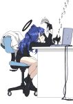  1girl black_gloves blue_archive blue_hair bored chair computer desk gloves halo highres holding holding_paper jacket jacket_removed laptop long_hair office_chair paper sitting sunomono typing white_background white_jacket yuuka_(blue_archive) 