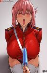  1girl batako_(pixiv54063972) braid braided_ponytail epaulettes fate/grand_order fate_(series) florence_nightingale_(fate) food gloves highres holding holding_food jacket long_hair long_sleeves military military_uniform open_mouth pink_hair popsicle red_eyes red_jacket sexually_suggestive solo_focus thighhighs tongue tongue_out uniform white_gloves white_thighhighs 