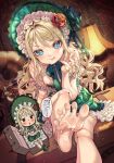  1girl :o :q bare_shoulders blonde_hair blue_eyes blush bonnet braid braided_bangs breasts chibi chibi_inset cum cum_on_body cum_on_feet cup doll doll_joints dress facial feet flower foot_focus foot_out_of_frame frilled_bonnet frilled_dress frills green_dress green_pupils green_ribbon highres joints kink_(tortoiseshell) lamp licking_lips lolita_fashion long_hair looking_at_viewer multiple_views neck_ribbon off_shoulder original phonograph ribbon saucer silk sitting small_breasts smile soles solo spider_web suitcase teacup toes tongue tongue_out towako_(akane_shinsha) translation_request wavy_hair 